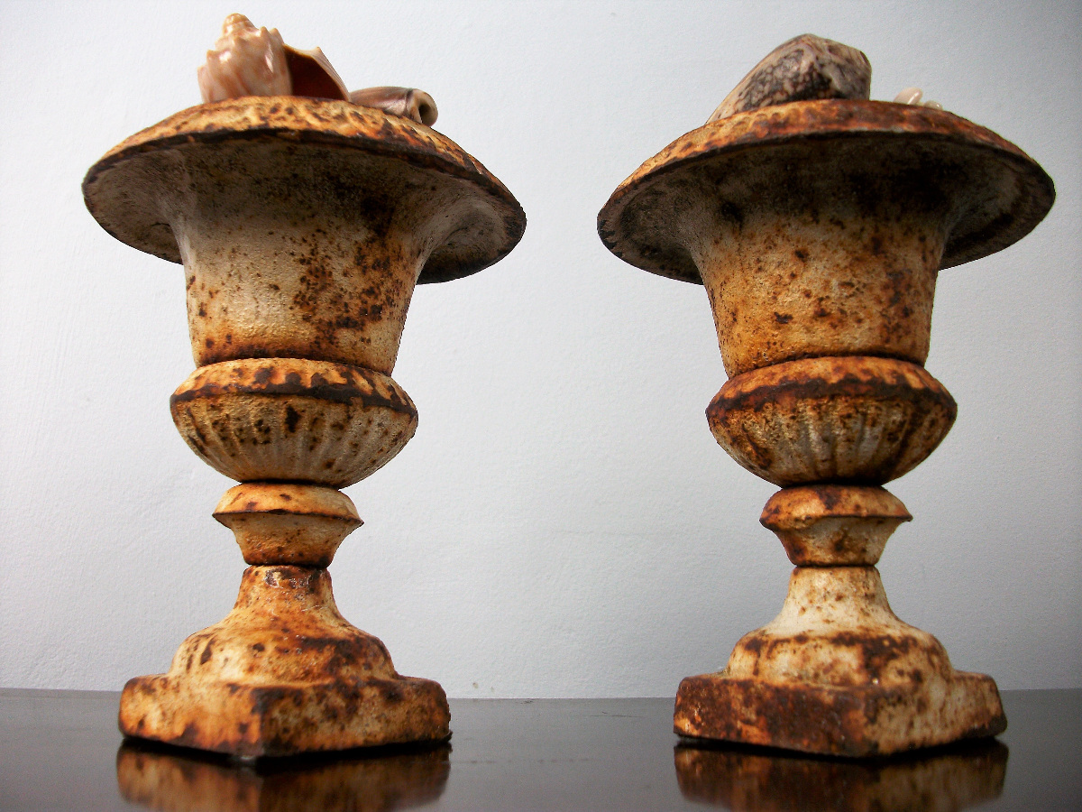 Pair of Small Cast Iron Mantel Urns 